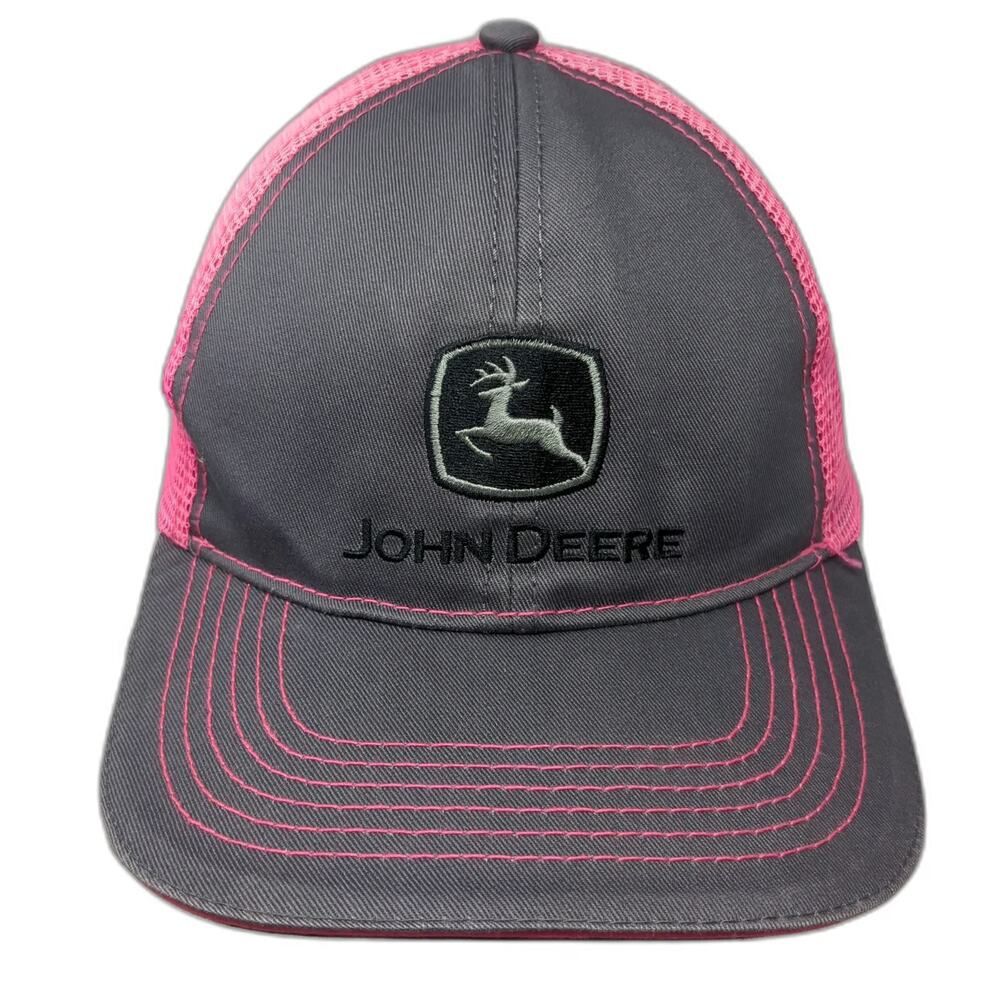 John Deere Trucker Hat Gray Pink One Size Mesh Back Snapback Graphic Embroidered